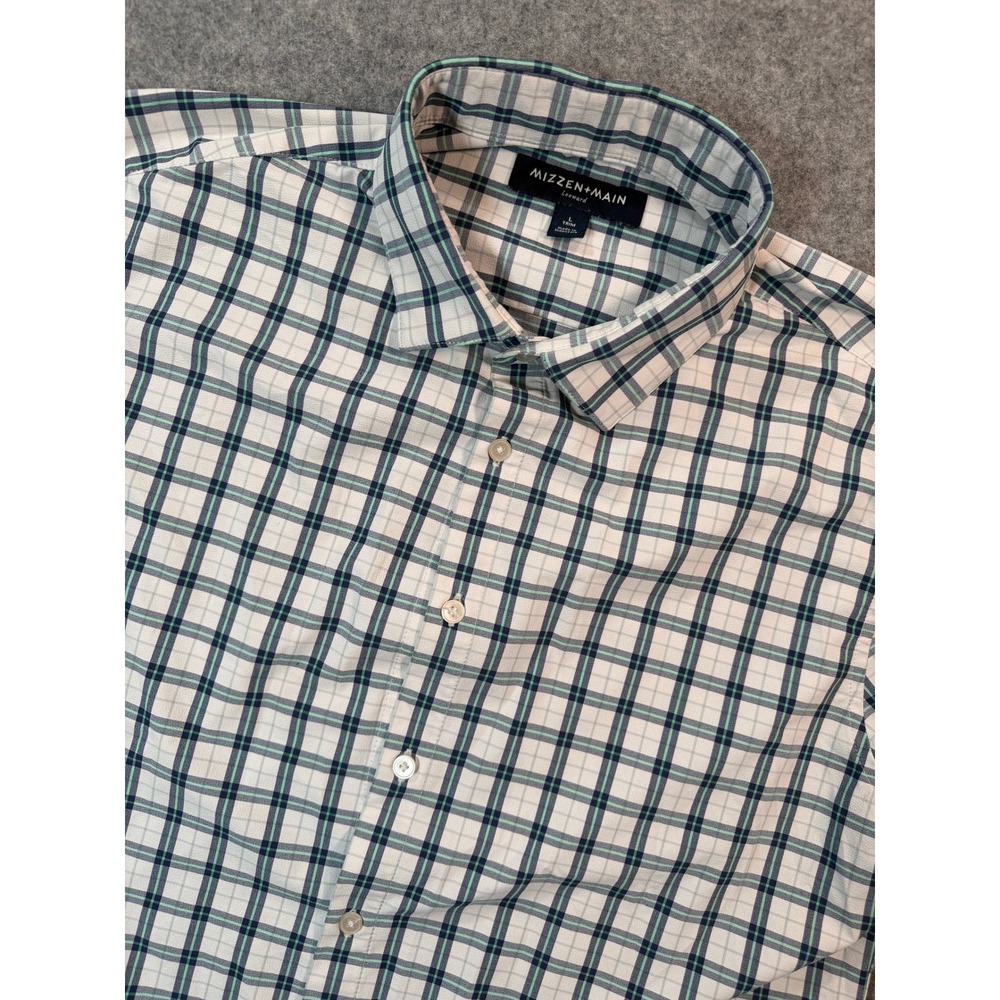 Mizzen+Main Leeward Trim Fit Shirt Mens Large White Navy Mint Green Plaid L/S